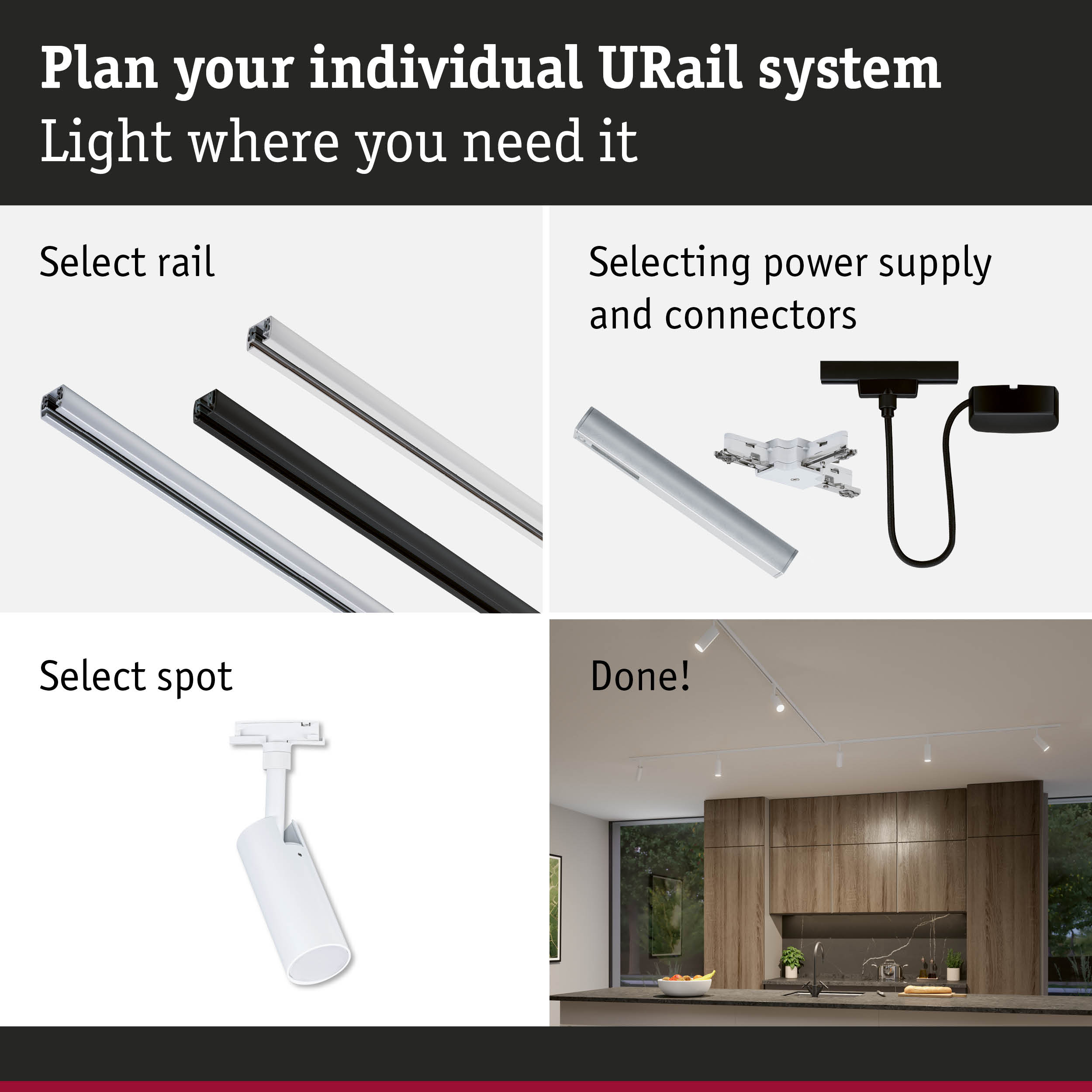 Step-by-step guide to plan URail track lighting system with rails, power supply, and spotlights