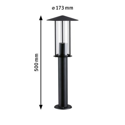 Schwarze Außenleuchte aus Metall mit Glaszylinder, 500 mm hoch, moderner Gartenpfosten mit Schutzdach.
