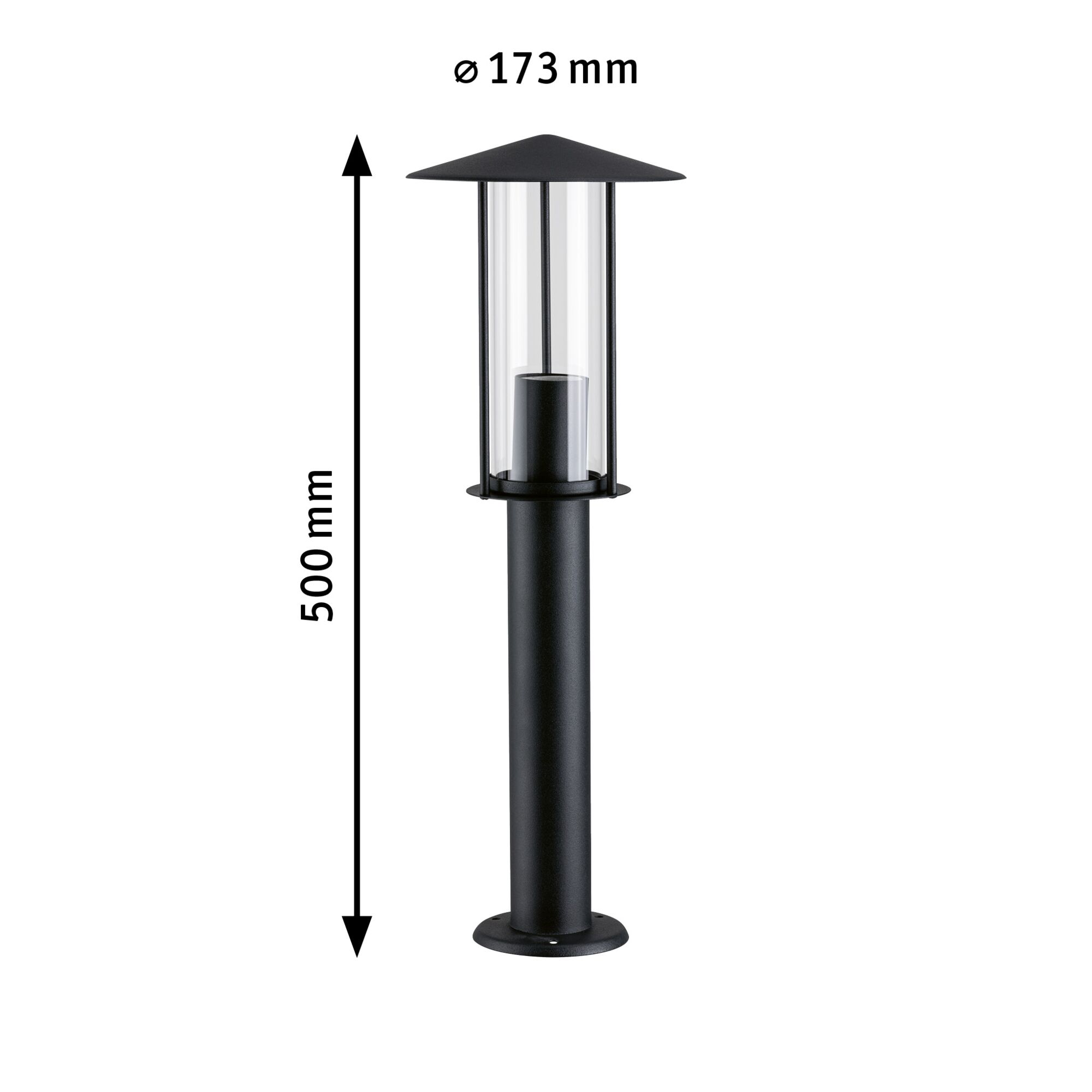 Black metal outdoor lamp with glass cylinder, 500 mm height, modern garden post light with protective roof.