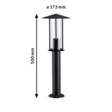 Schwarze Außenleuchte aus Metall mit Glaszylinder, 500 mm hoch, moderner Gartenpfosten mit Schutzdach.