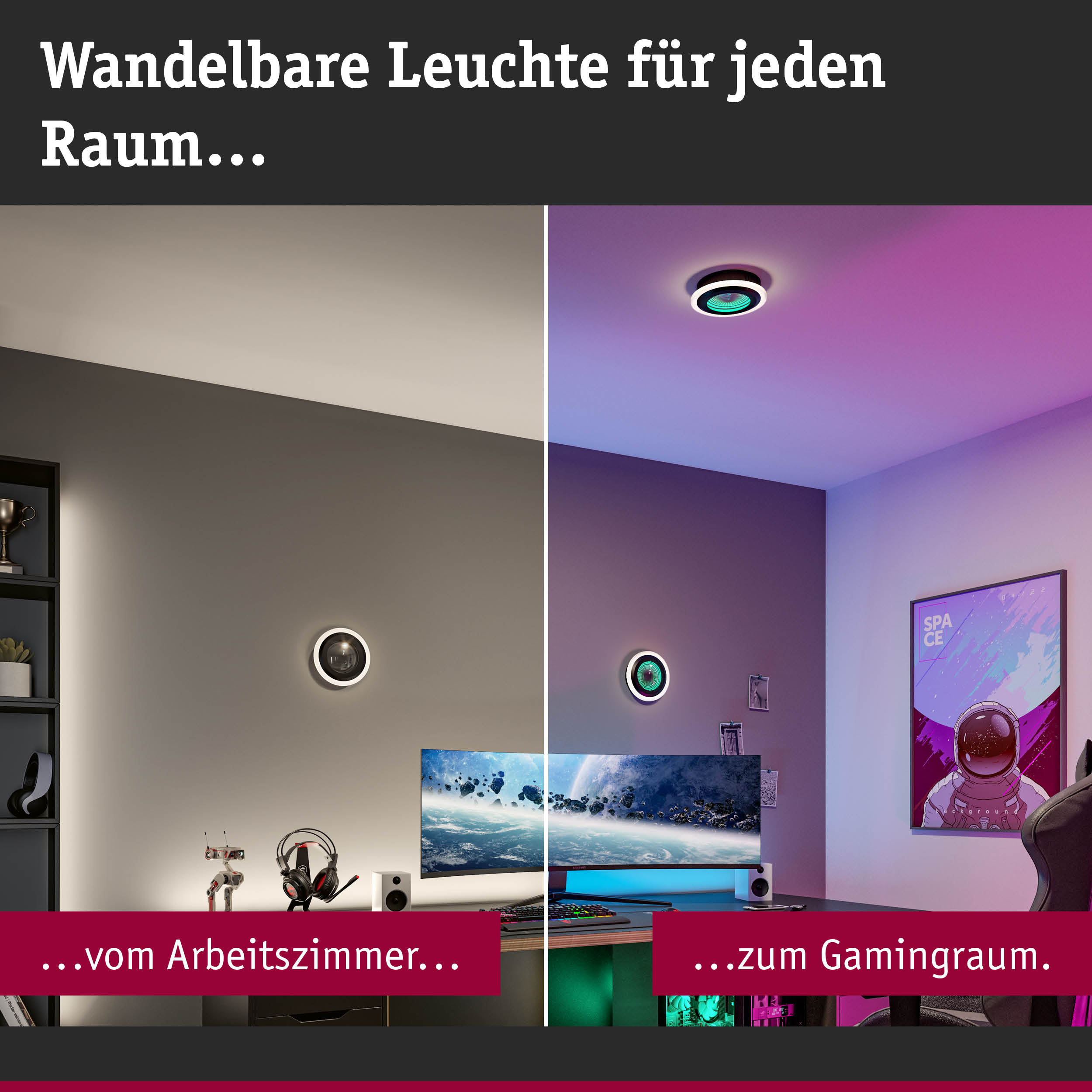 Wandelbare LED-Wandlampen in Schwarz-Weiß für Arbeits- und Gamingraum mit farbiger Lichtsteuerung