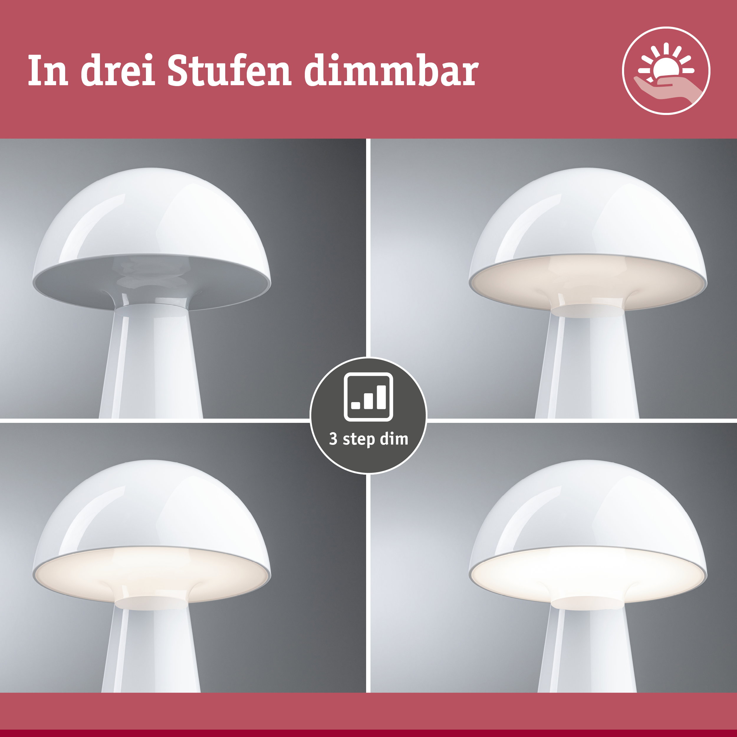 Weiße Tischlampe aus Kunststoff mit dreistufiger Dimmfunktion für stimmungsvolle Beleuchtung