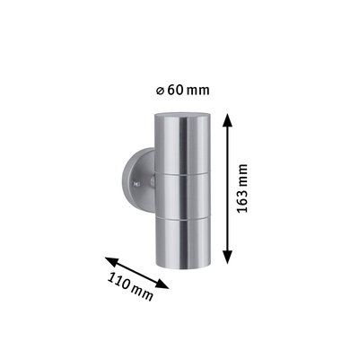 Edelstahl-Wandleuchte zylindrisch mit 163 mm Höhe und 60 mm Durchmesser, moderne Außenbeleuchtung