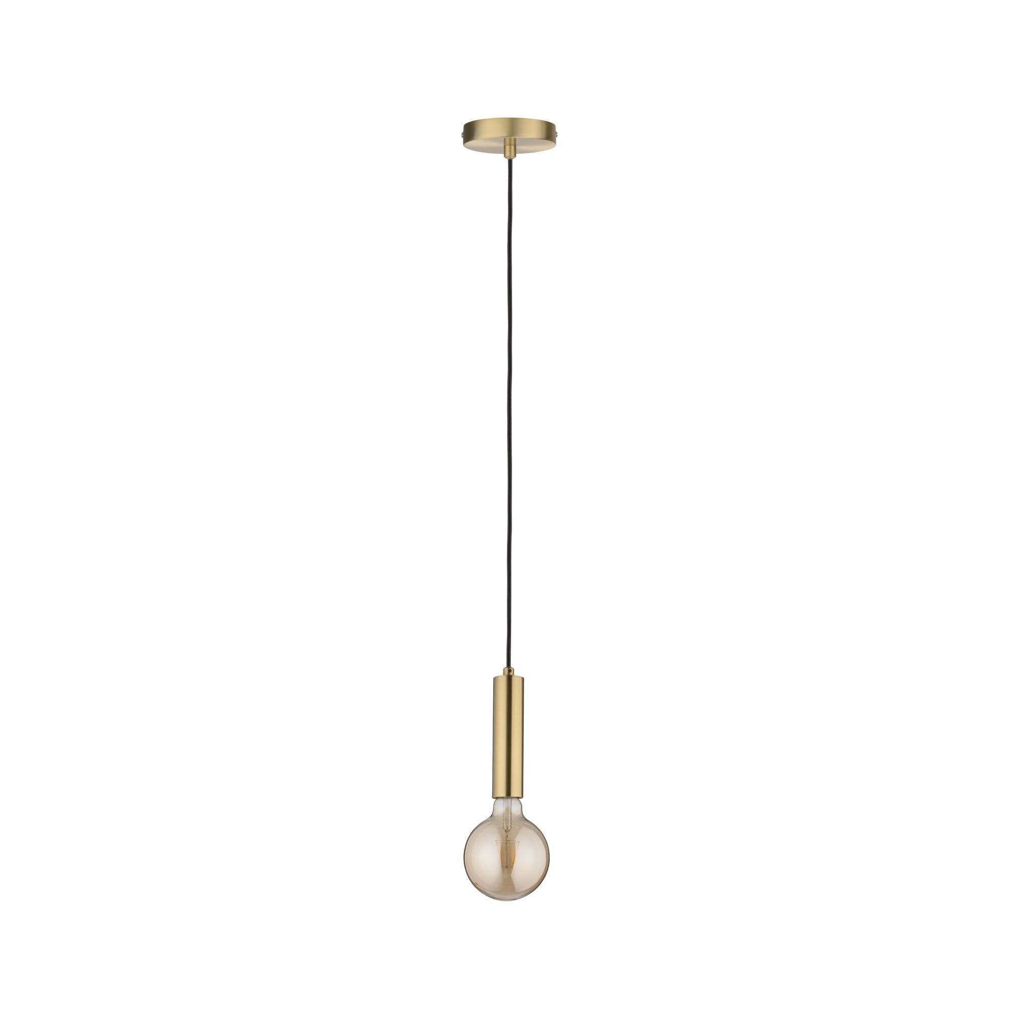 Moderne Pendelleuchte aus goldfarbenem Metall mit schwarzem Kabel und sichtbarer Glühbirne