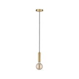 Moderne Pendelleuchte aus goldfarbenem Metall mit schwarzem Kabel und sichtbarer Glühbirne