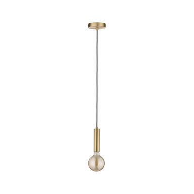 Moderne Pendelleuchte aus goldfarbenem Metall mit schwarzem Kabel und sichtbarer Glühbirne