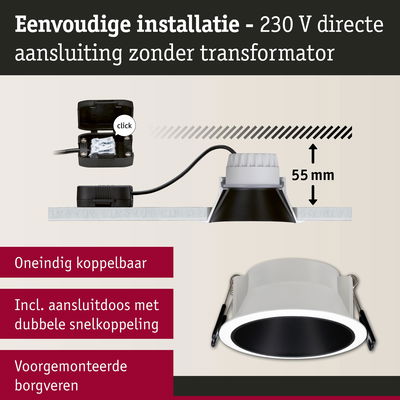 Eenvoudig te installeren LED inbouwspot met 230 V directe aansluiting, witte behuizing, 55 mm inbouwdiepte