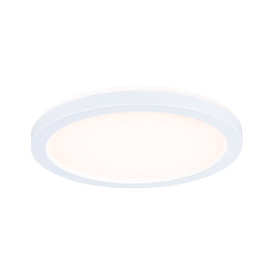 Plafonnier LED rond blanc avec lumière blanc chaud et design moderne pour espaces de vie.