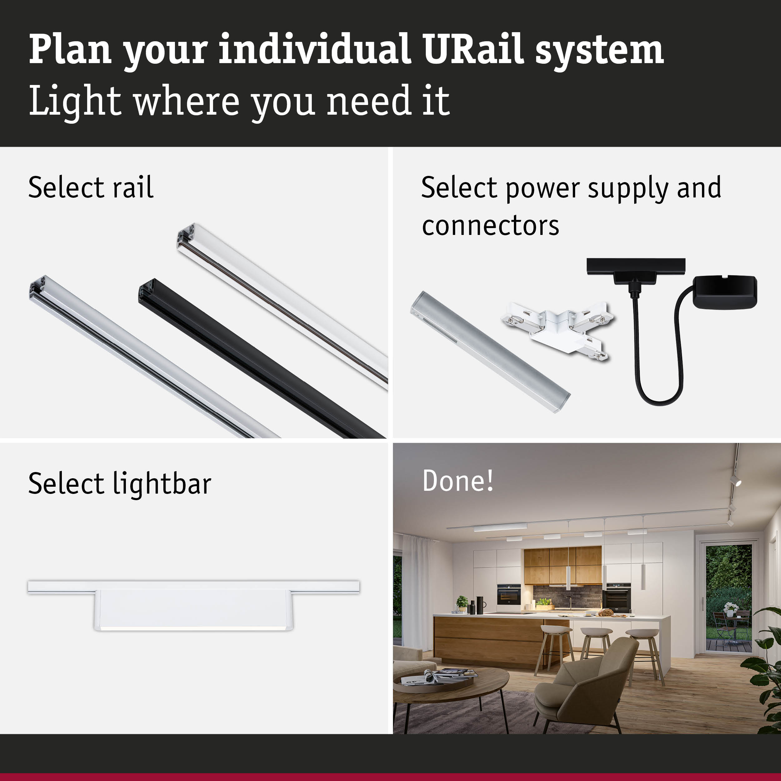 Modular URail track system with selectable rails, power supplies, connectors, and lightbars for customizable lighting