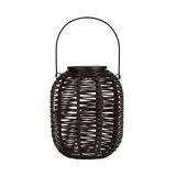 Black solar lantern made of plastic wicker with handle for garden and terrace lighting