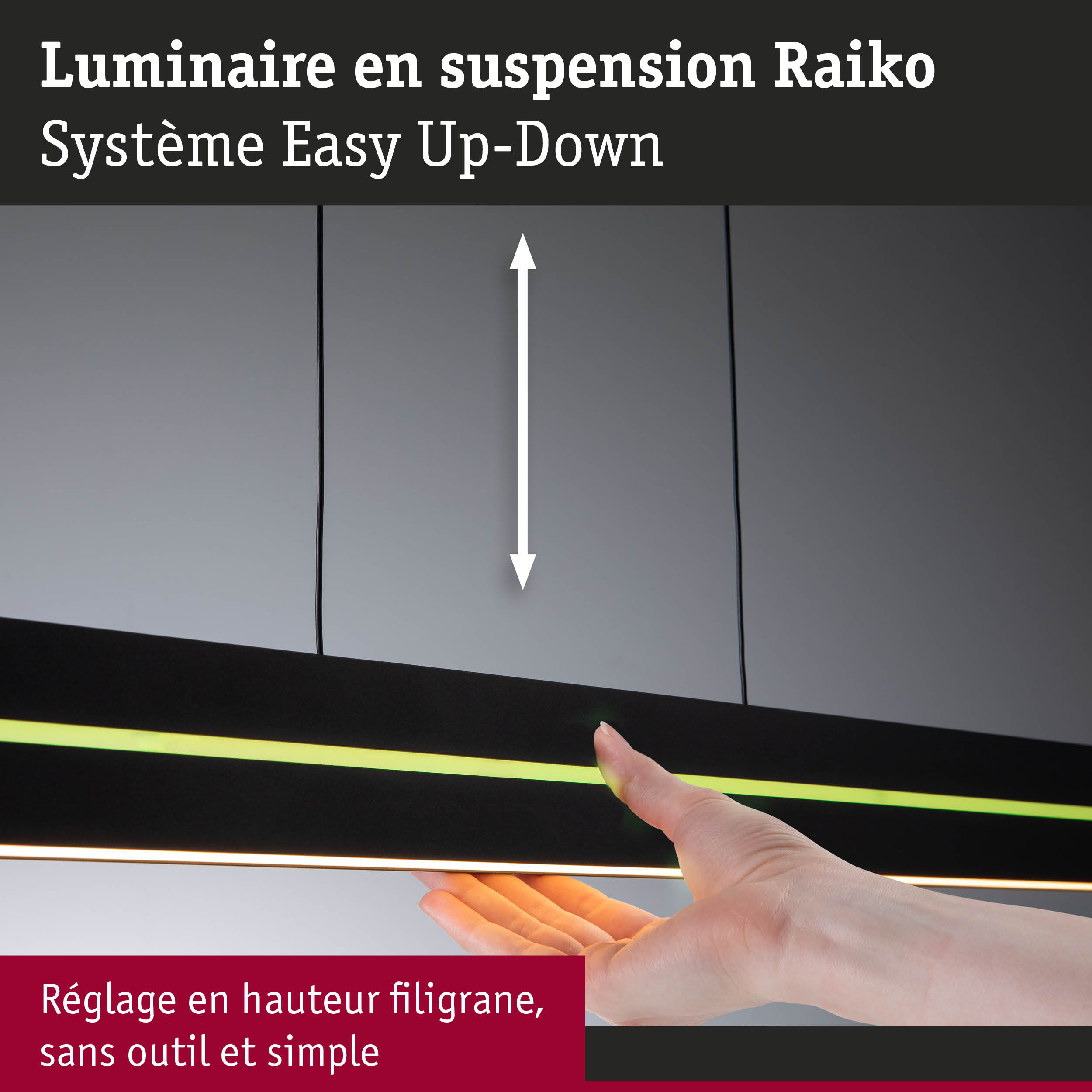 Luminaire suspendu Raiko noir LED avec réglage facile de la hauteur et bande lumineuse colorée