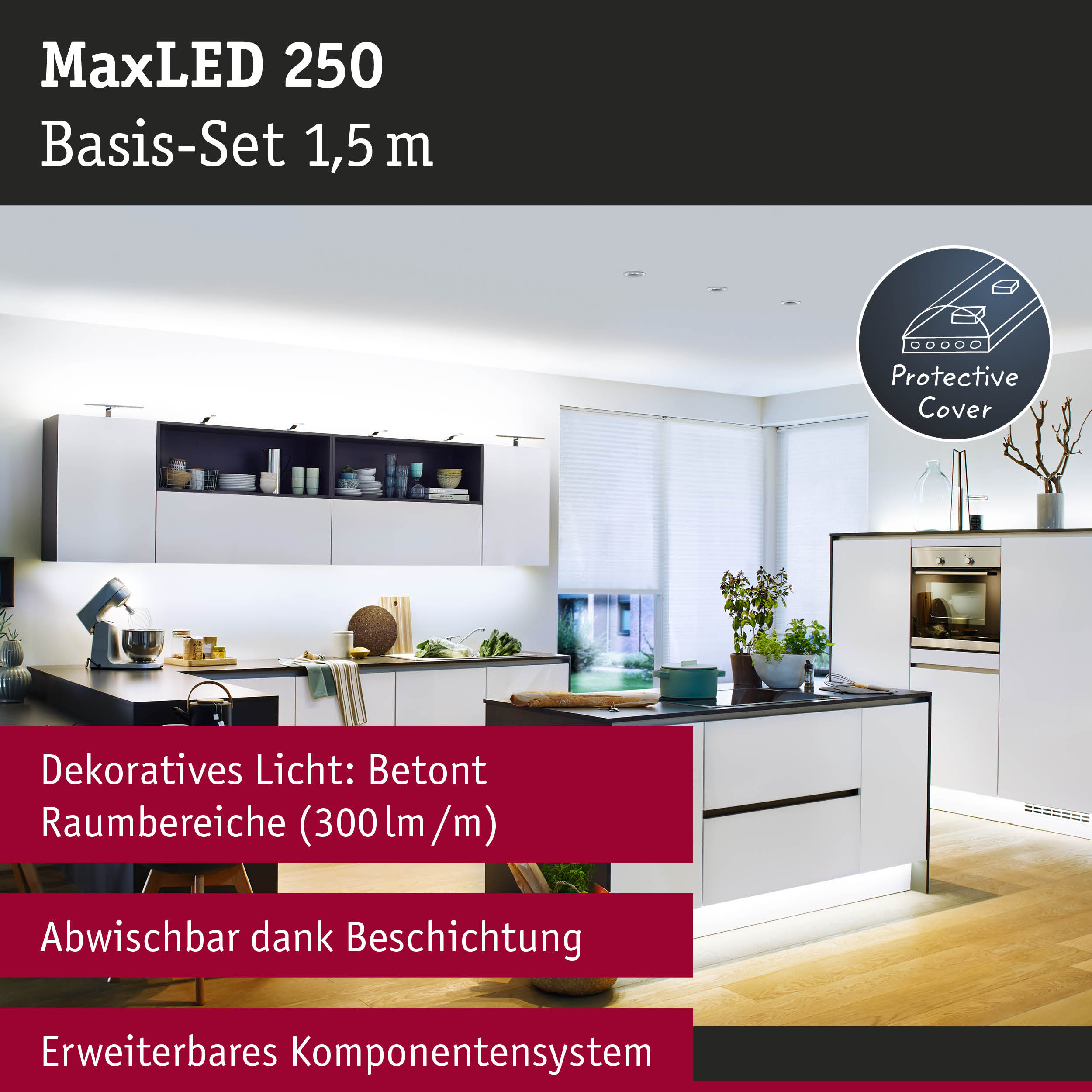 Moderne weiße Küche mit MaxLED 250 Basis-Set 1,5 m LED-Beleuchtung und Schutzabdeckung