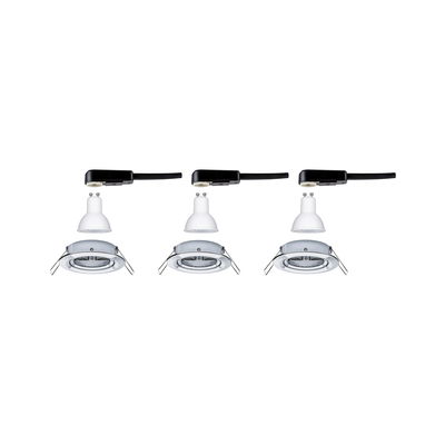 Drei weiße GU10 LED Einbaustrahler mit silbernem Rahmen und schwarzem Anschlusskabel für Deckenmontage.