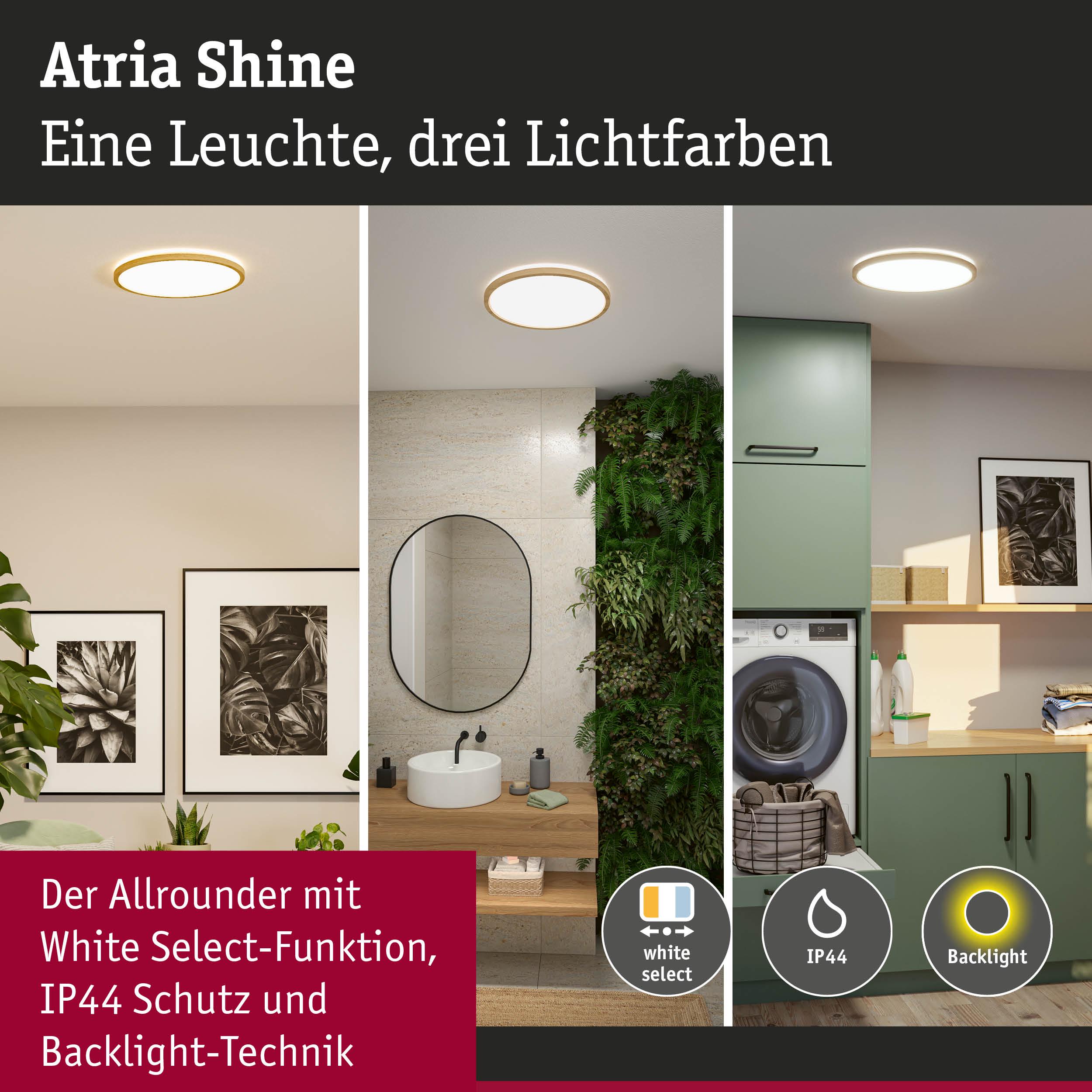 Atria Shine Deckenleuchte mit drei Lichtfarben, IP44 Schutz und Backlight-Technik in modernen Wohnräumen