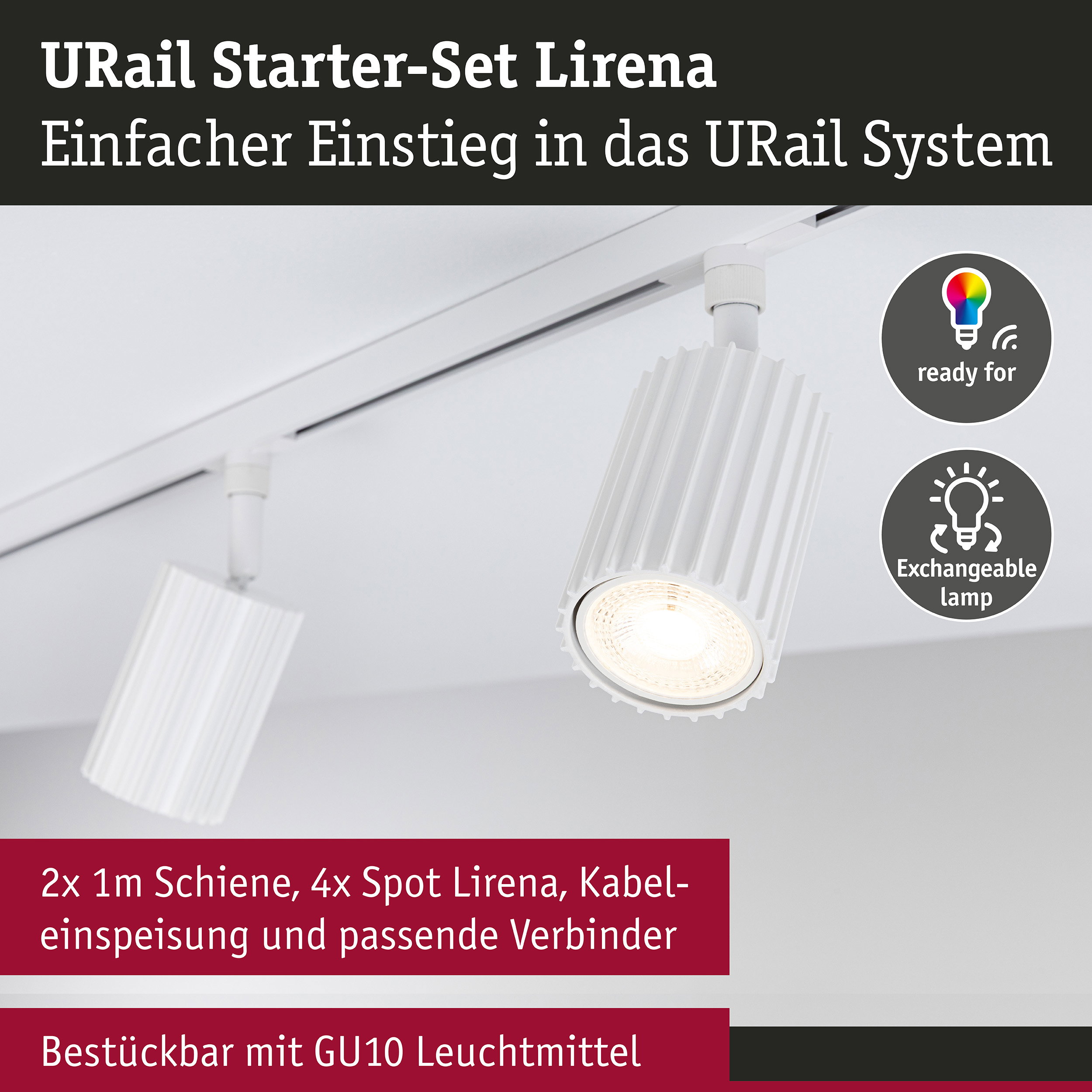 URail Schienenspot Lirena Starterset Kabeleinspeisung GU10 max. 10W 230V Signalweiß