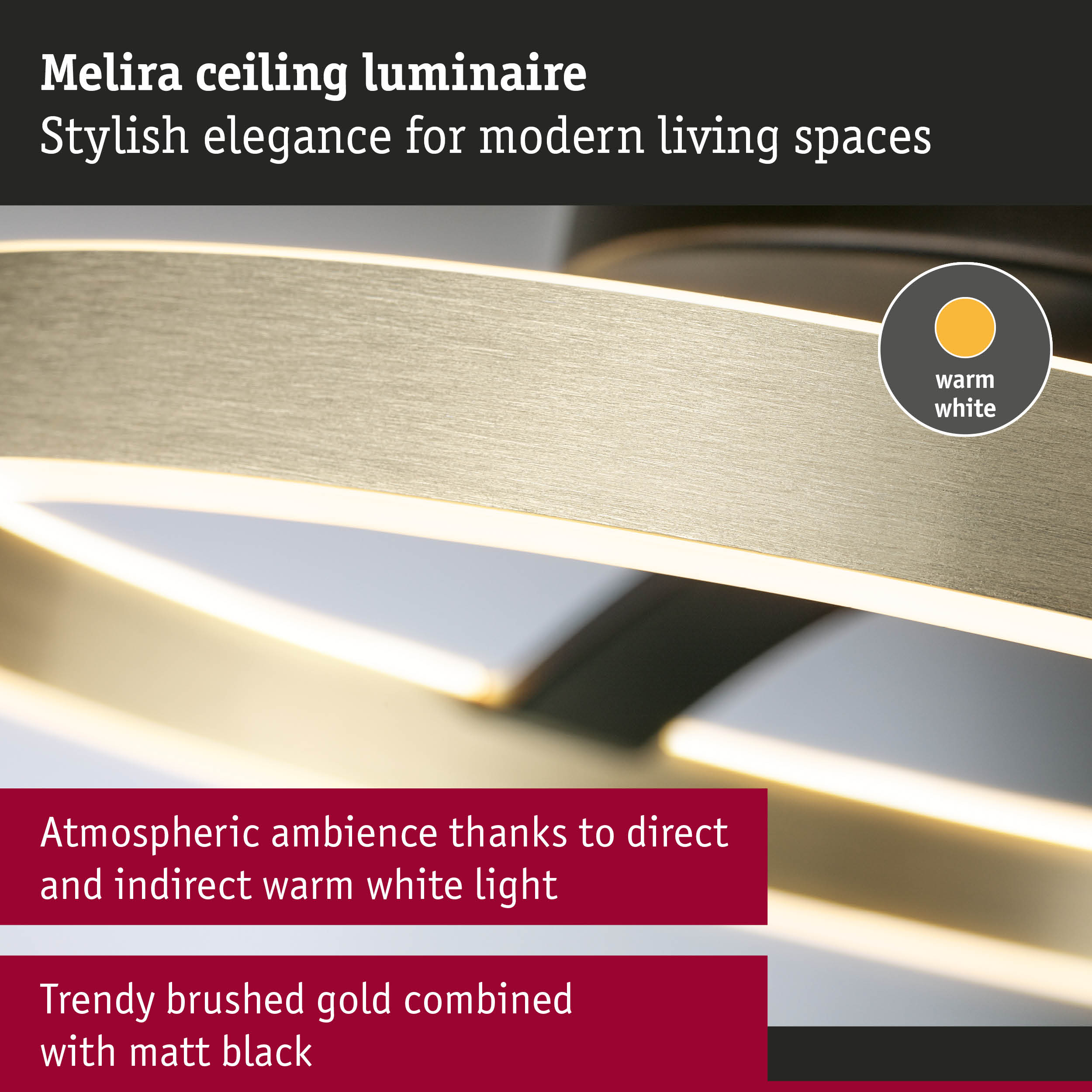Melira ceiling luminaire in brushed gold and matt black with warm white light for modern living spaces