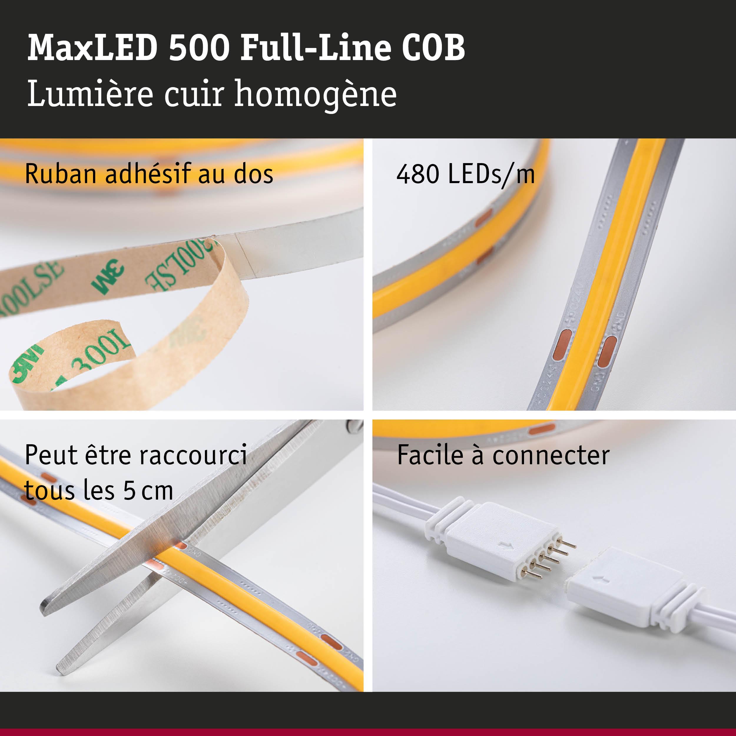Bande LED MaxLED 500 Full-Line COB avec 480 LEDs/m, ruban adhésif, coupable tous les 5 cm, facile à connecter