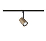 Modern gold metal LED spotlight on black track for adjustable indoor lighting solutions