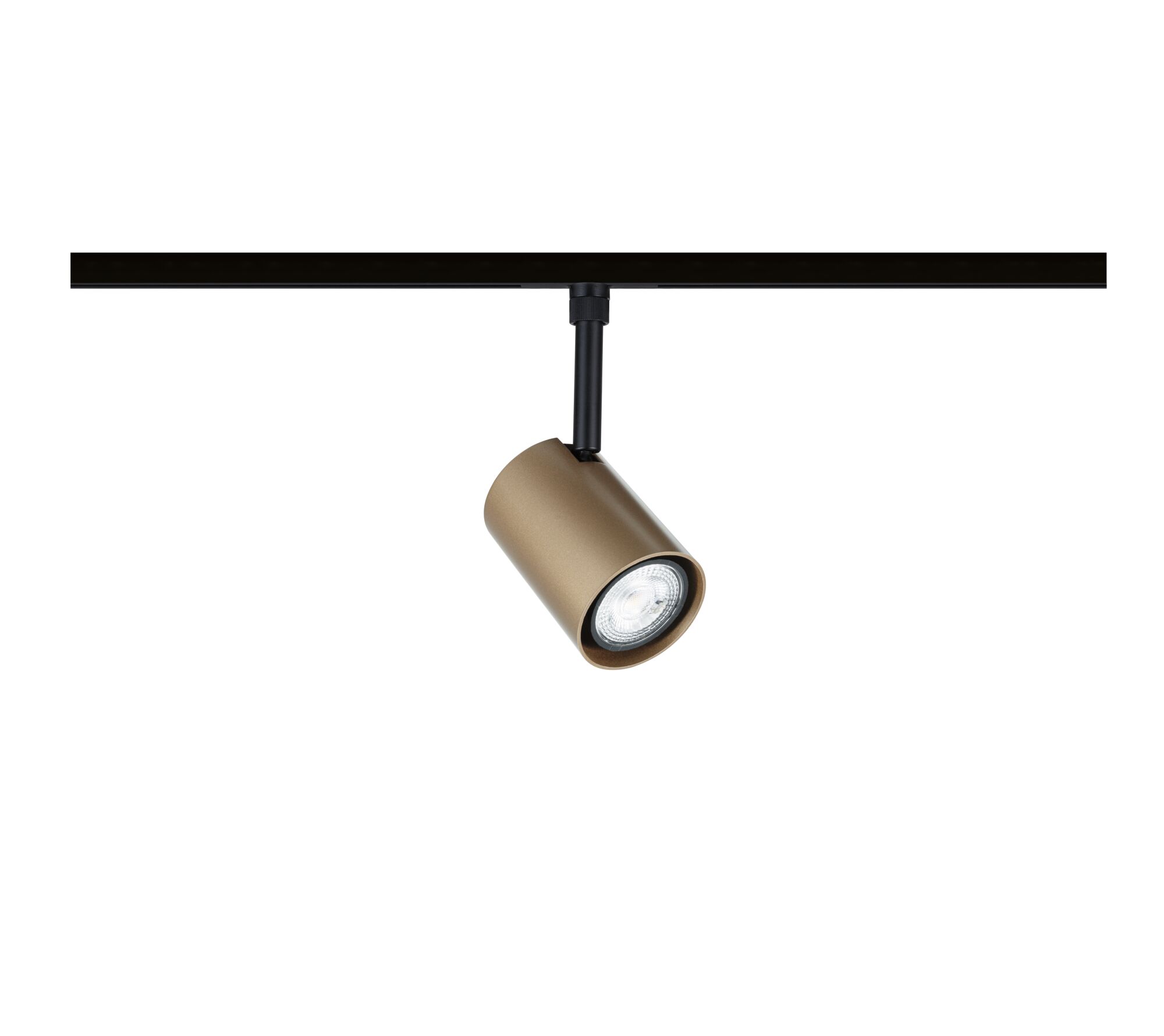Moderner goldfarbener LED-Strahler aus Metall an schwarzer Schiene für flexible Raumbeleuchtung