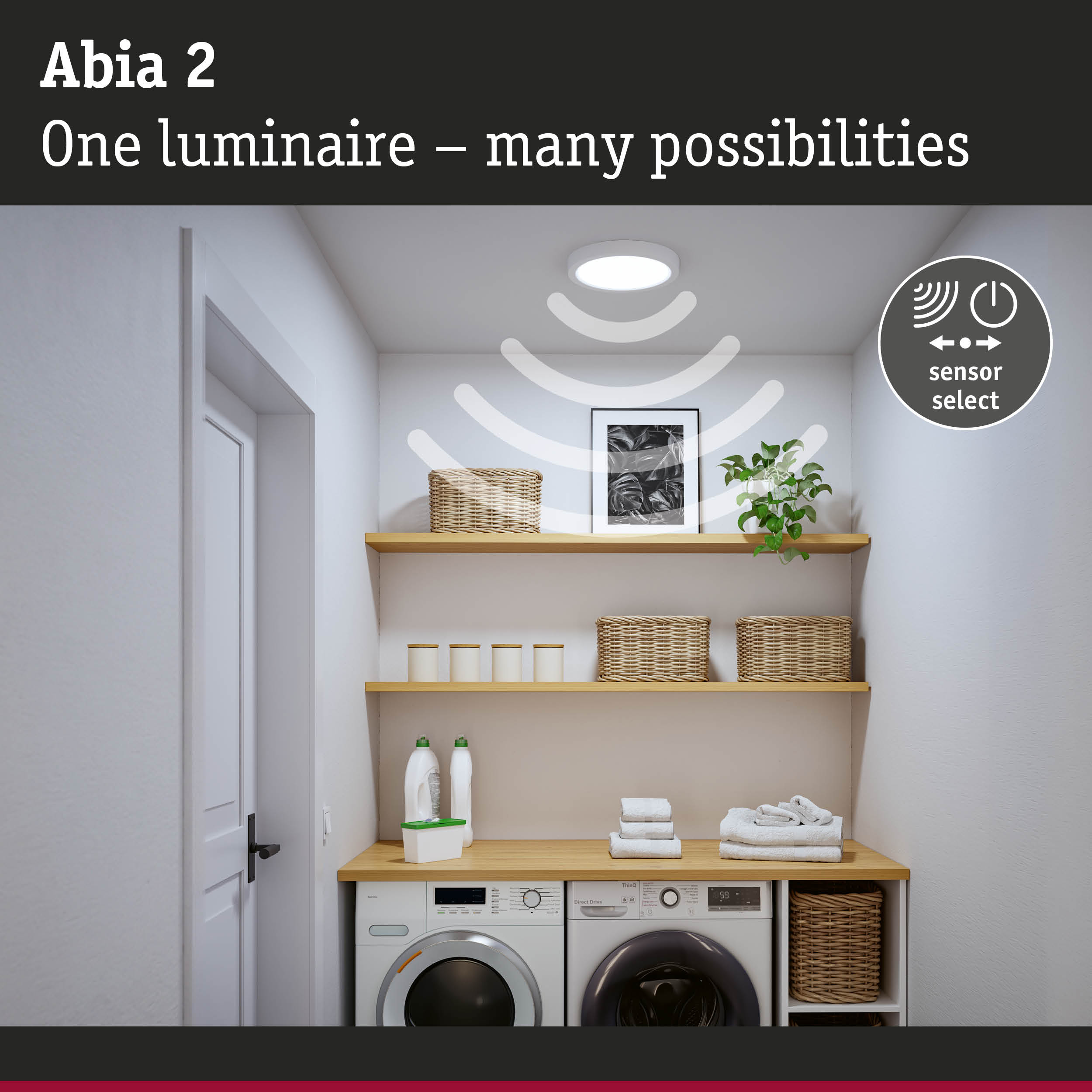 Abia 2 white LED ceiling light with sensor for versatile home lighting options and energy saving