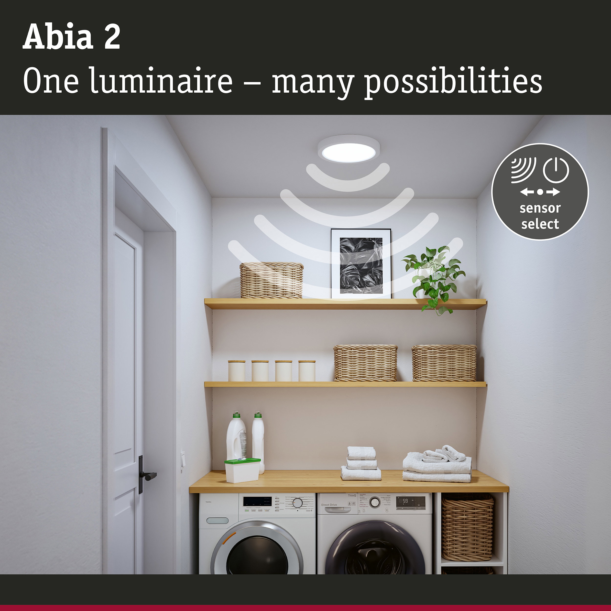 Abia 2 white LED ceiling light with sensor for versatile home lighting options and energy saving