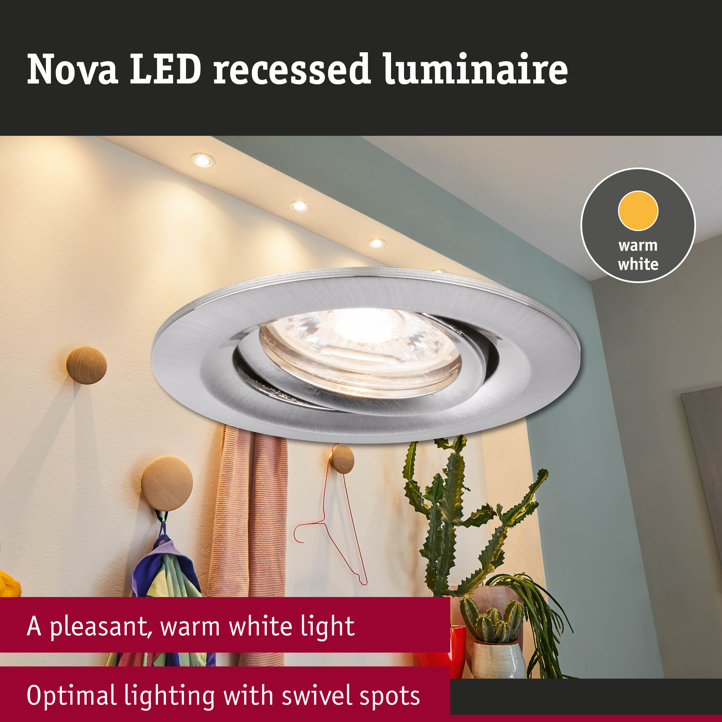 Nova LED recessed metal spotlight in silver with warm white light and adjustable swivel spots