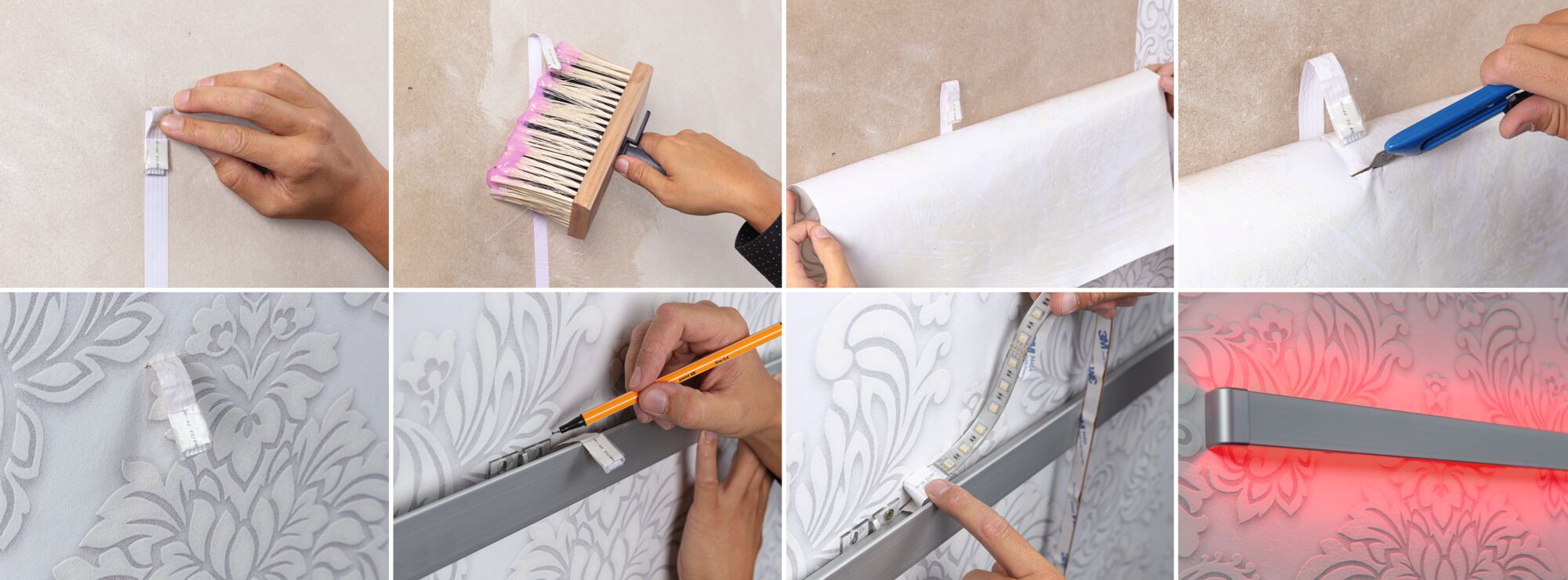 Montage einer unsichtbaren MaxLED-Verbindung mit Klebestreifen und LED-Streifen an gemusterter Wand für indirekte Beleuchtung