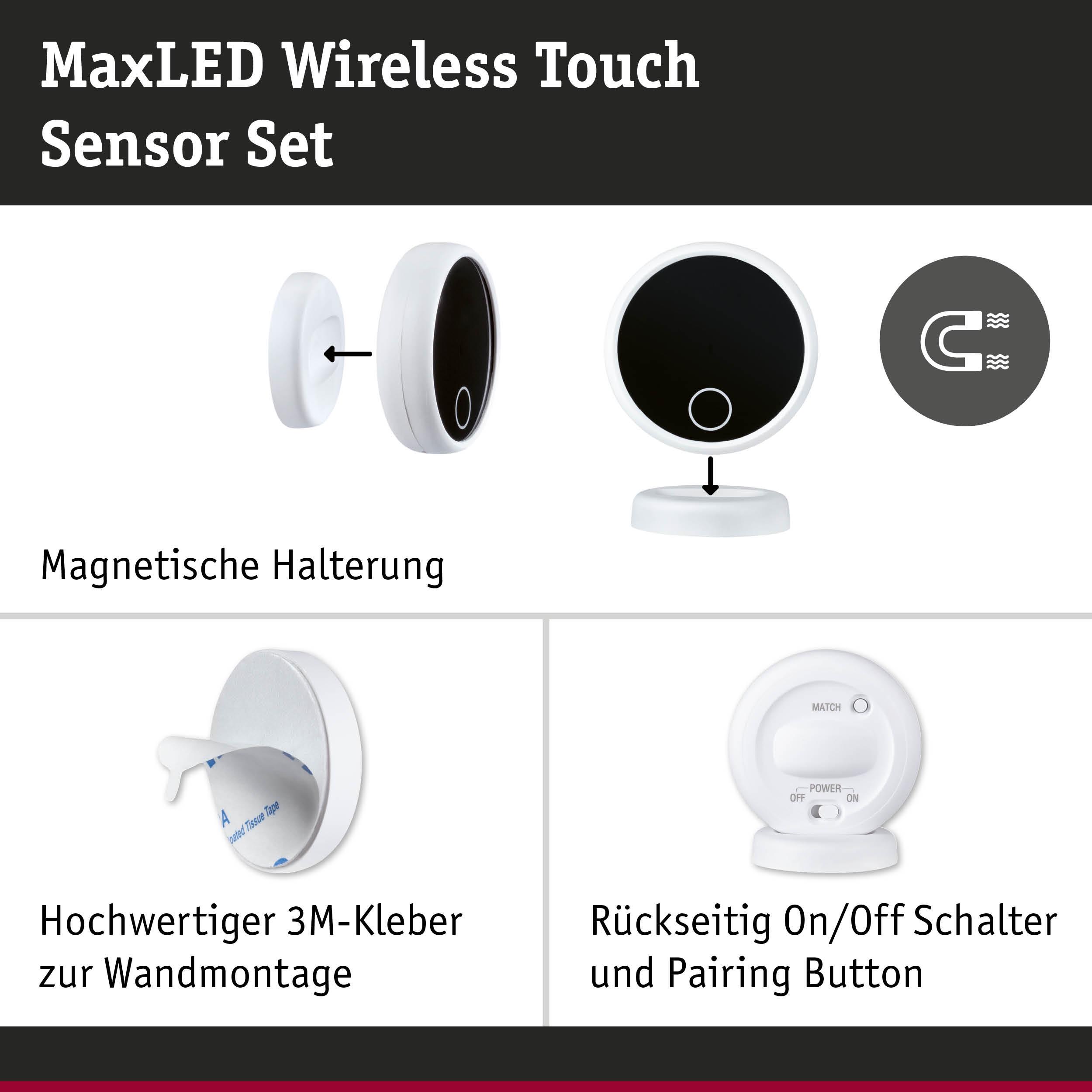 MaxLED Wireless Touch Sensor Set mit magnetischer Halterung, 3M-Kleber und On/Off-Schalter für smarte Lichtsteuerung
