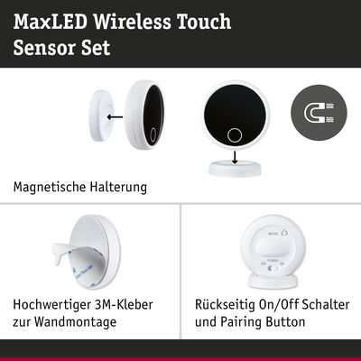 MaxLED Wireless Touch Sensor Set mit magnetischer Halterung, 3M-Kleber und On/Off-Schalter für smarte Lichtsteuerung