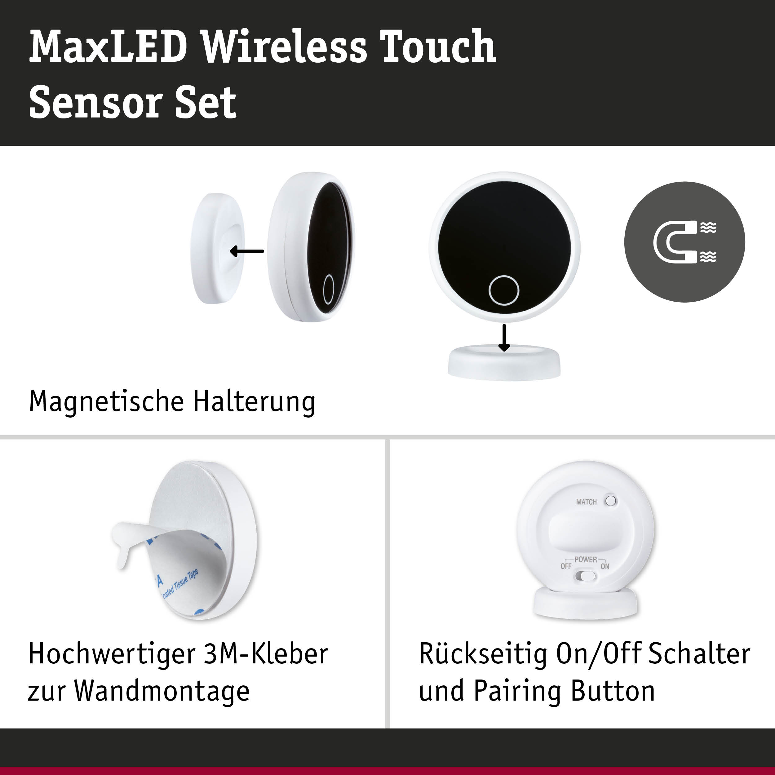 MaxLED Wireless Touch Sensor Set mit magnetischer Halterung, 3M Kleber und On/Off Schalter für Wandmontage