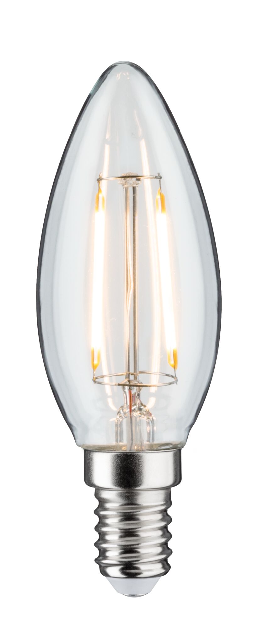 Clear LED candle bulb with E14 base and warm white light for energy-efficient lighting solutions