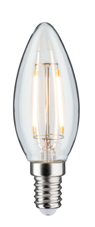 Clear LED candle bulb with E14 base and warm white light for energy-efficient lighting solutions