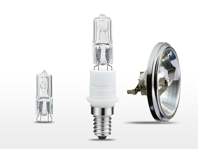 Trois ampoules halogènes en verre et métal pour éclairage, dont une ampoule réflecteur.