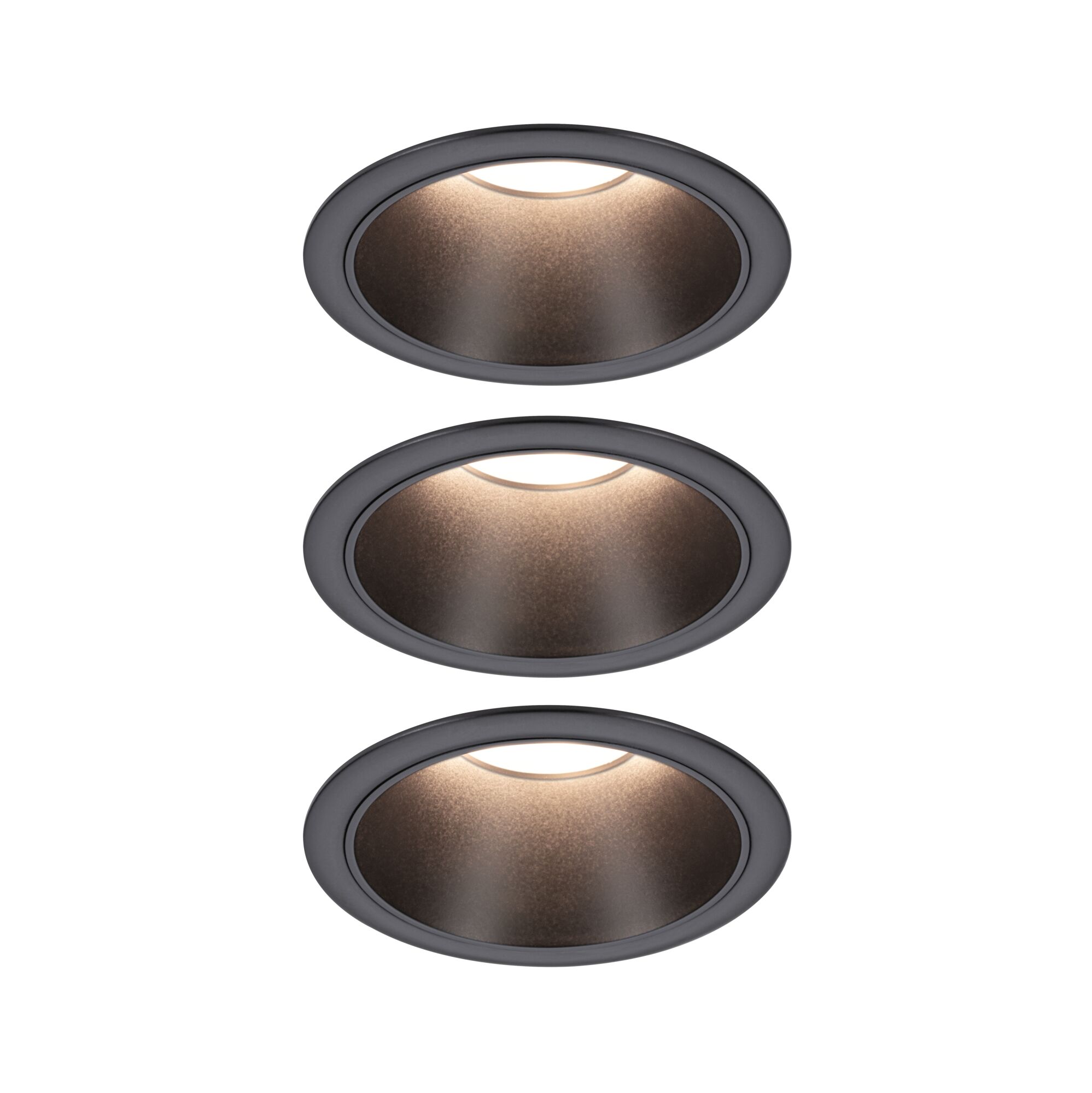 Three round recessed lights in matte black with warm white LED for modern interior lighting