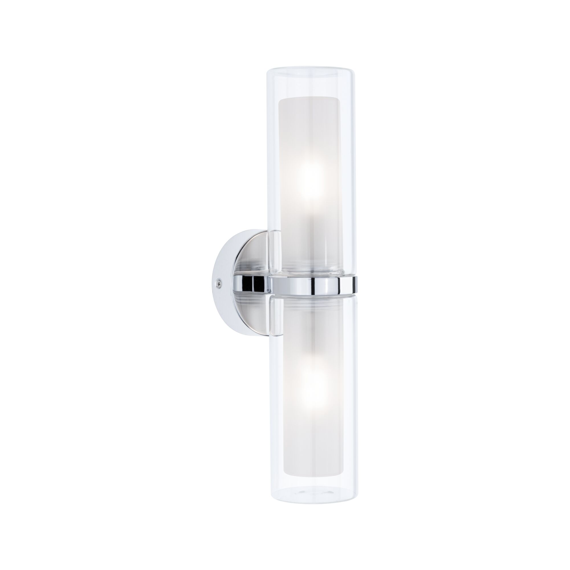 Modern chrome wall light with two cylindrical glass shades and warm white illumination