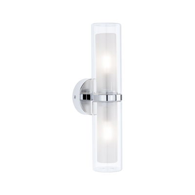 Modern chrome wall light with two cylindrical glass shades and warm white illumination