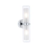 Modern chrome wall light with two cylindrical glass shades and warm white illumination