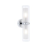 Modern chrome wall light with two cylindrical glass shades and warm white illumination