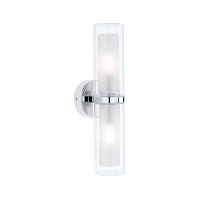Modern chrome wall light with two cylindrical glass shades and warm white illumination