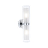 Moderne chromen wandlamp met twee cilindervormige glazen kappen en warm wit licht