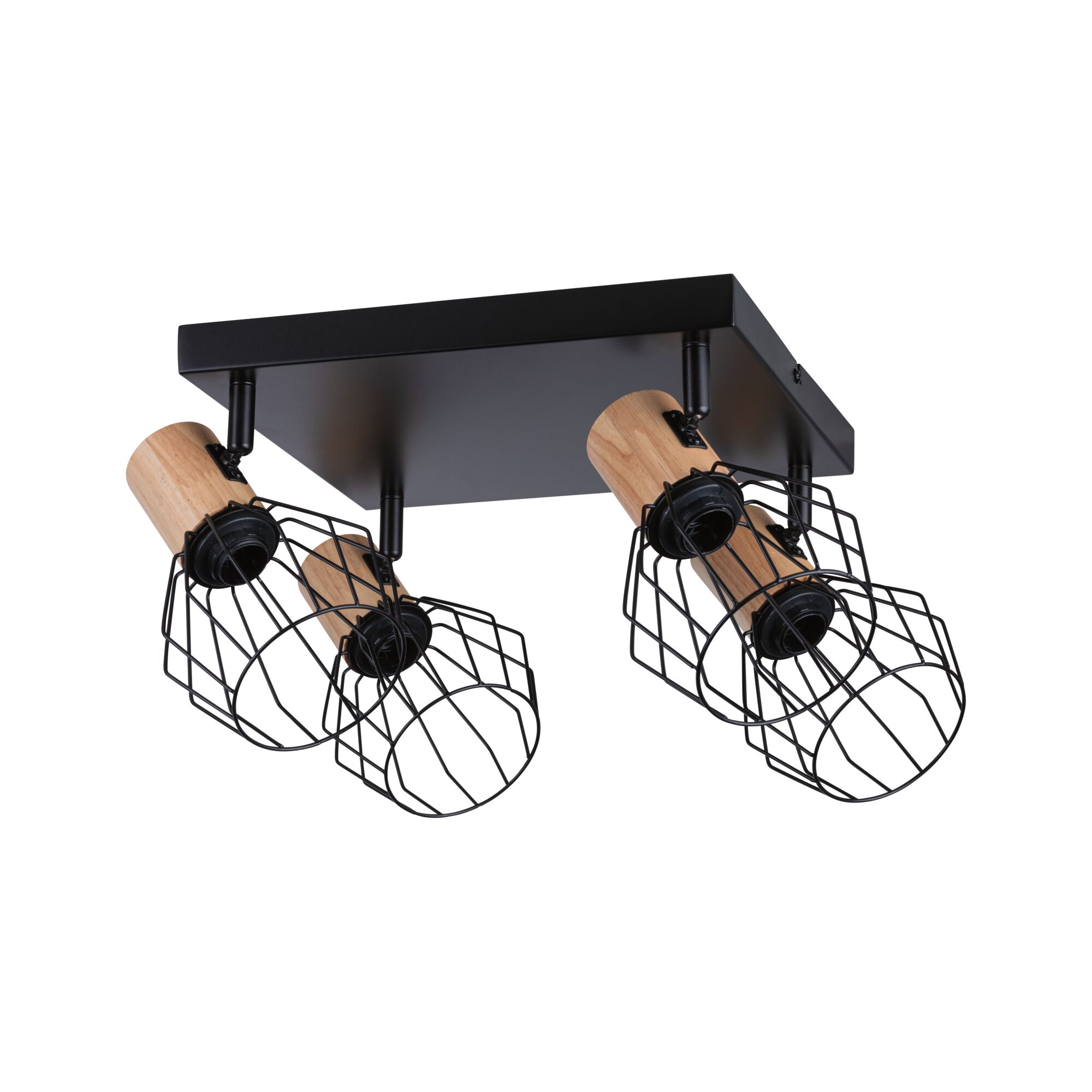 Spotlight Lanka E14 230V max. 4x20W dimbaar Zwart Plafondlamp met vier zwarte metalen kooilampen en houten accenten voor moderne verlichting