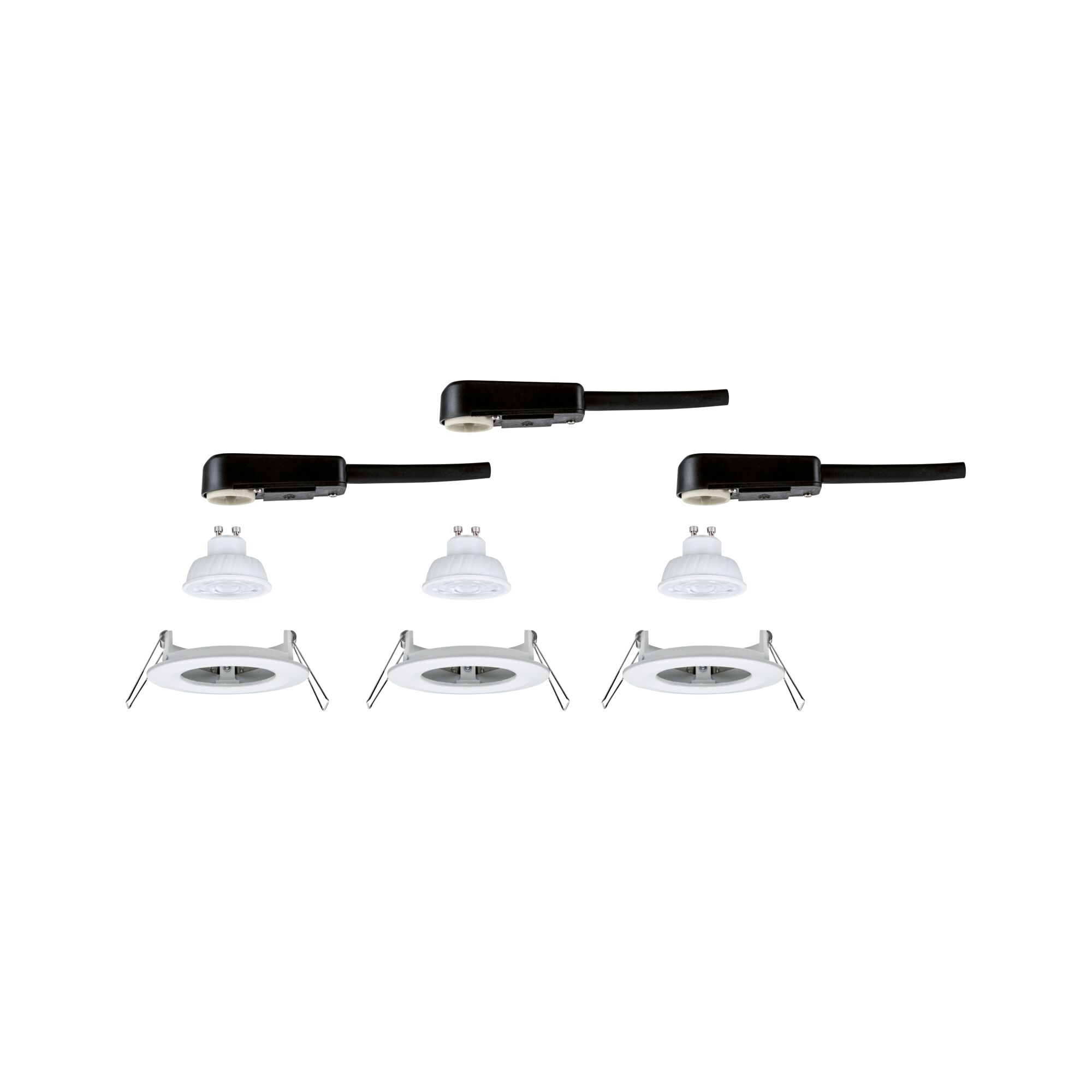 Drei weiße Einbaustrahler mit GU10 LED-Lampen und schwarzen Anschlusskabeln für LED-Einbaustrahler.