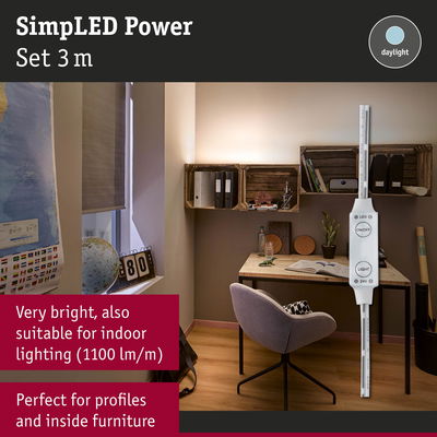 SimLED Power 3m white LED strip for bright indoor lighting and furniture profiles