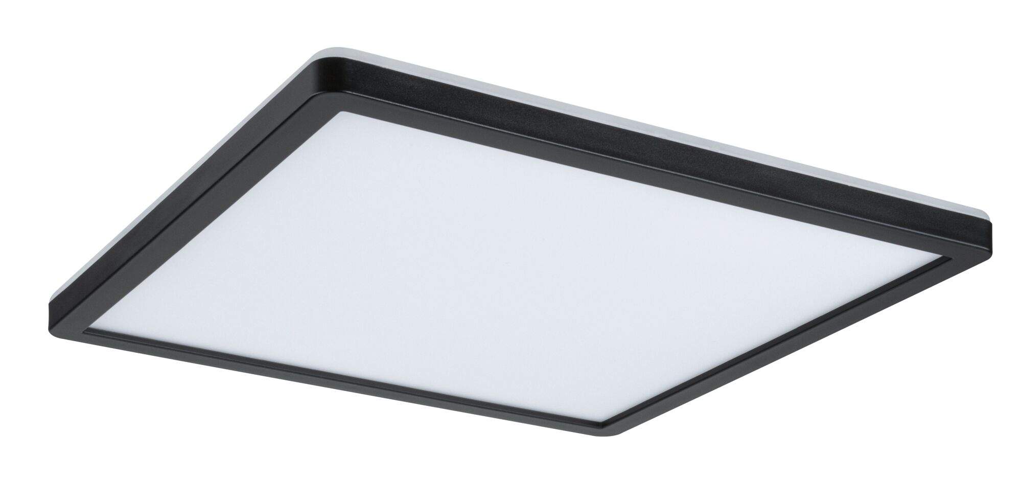 Flache quadratische LED-Deckenleuchte mit schwarzem Rahmen und weißem Diffusor für moderne Beleuchtung