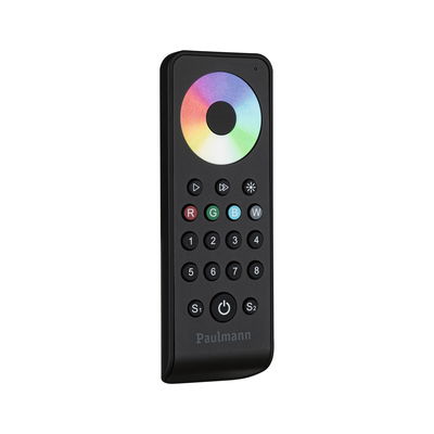 Télécommande noire avec roue chromatique et boutons pour régler les couleurs et la luminosité LED
