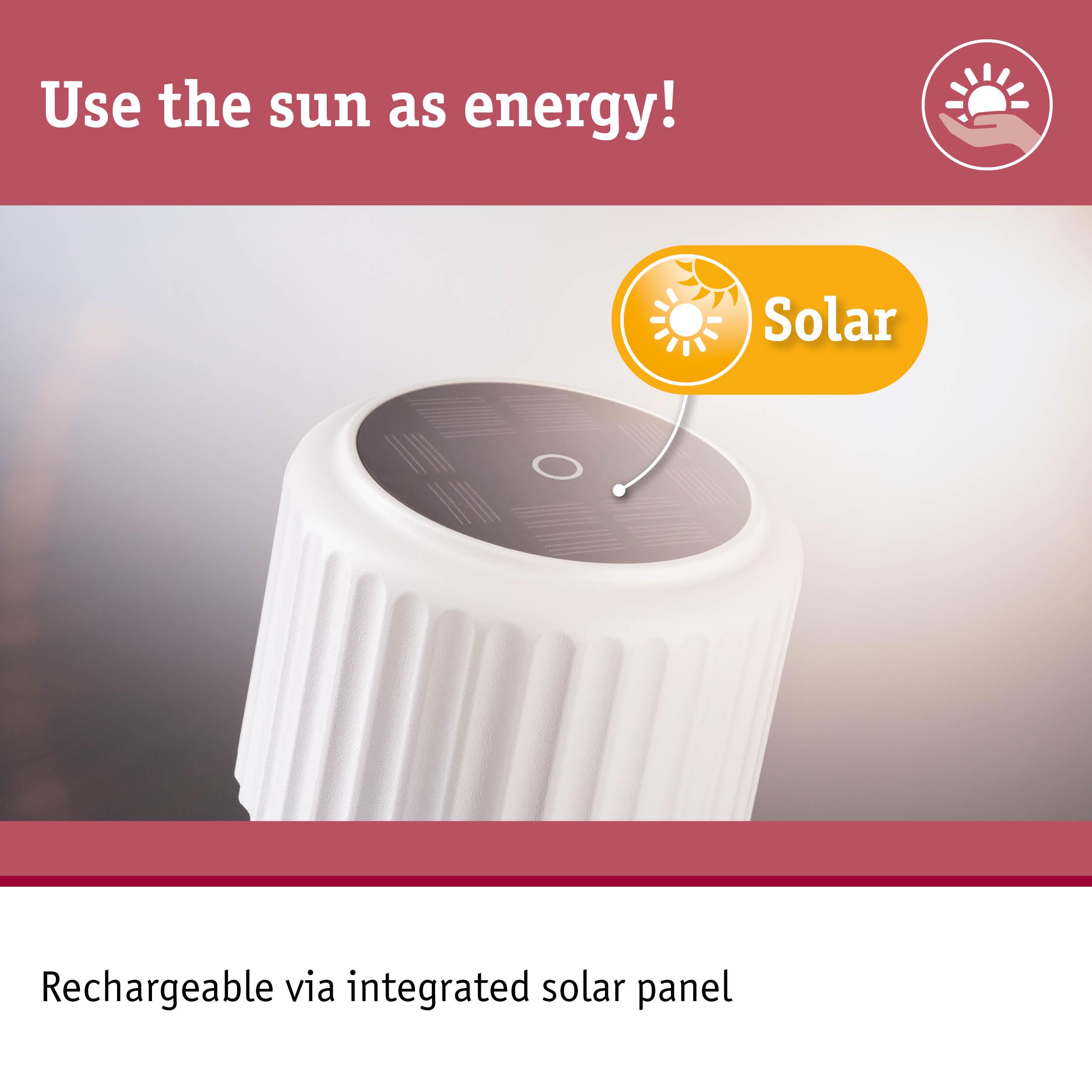 White device with integrated solar panel for recharging, sustainable solar energy use