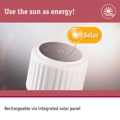 White device with integrated solar panel for recharging, sustainable solar energy use