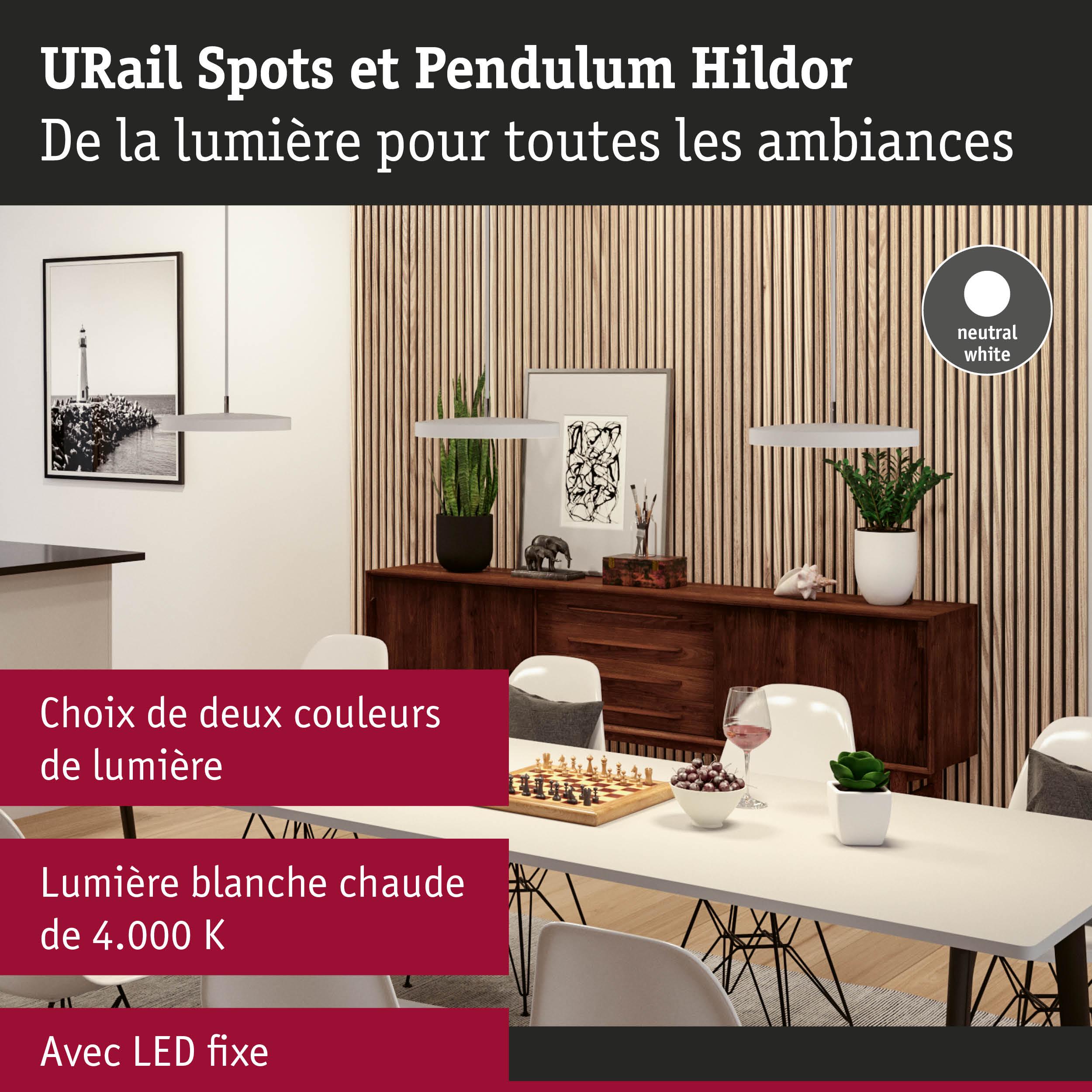 Suspensions LED blanches modernes avec lumière blanc neutre au-dessus d'une table à manger en bois