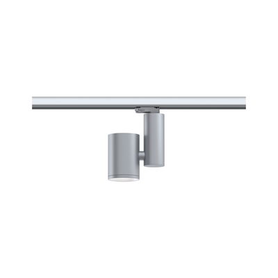 Moderner grauer LED-Strahler aus Metall an Schienensystem für flexible Raumbeleuchtung