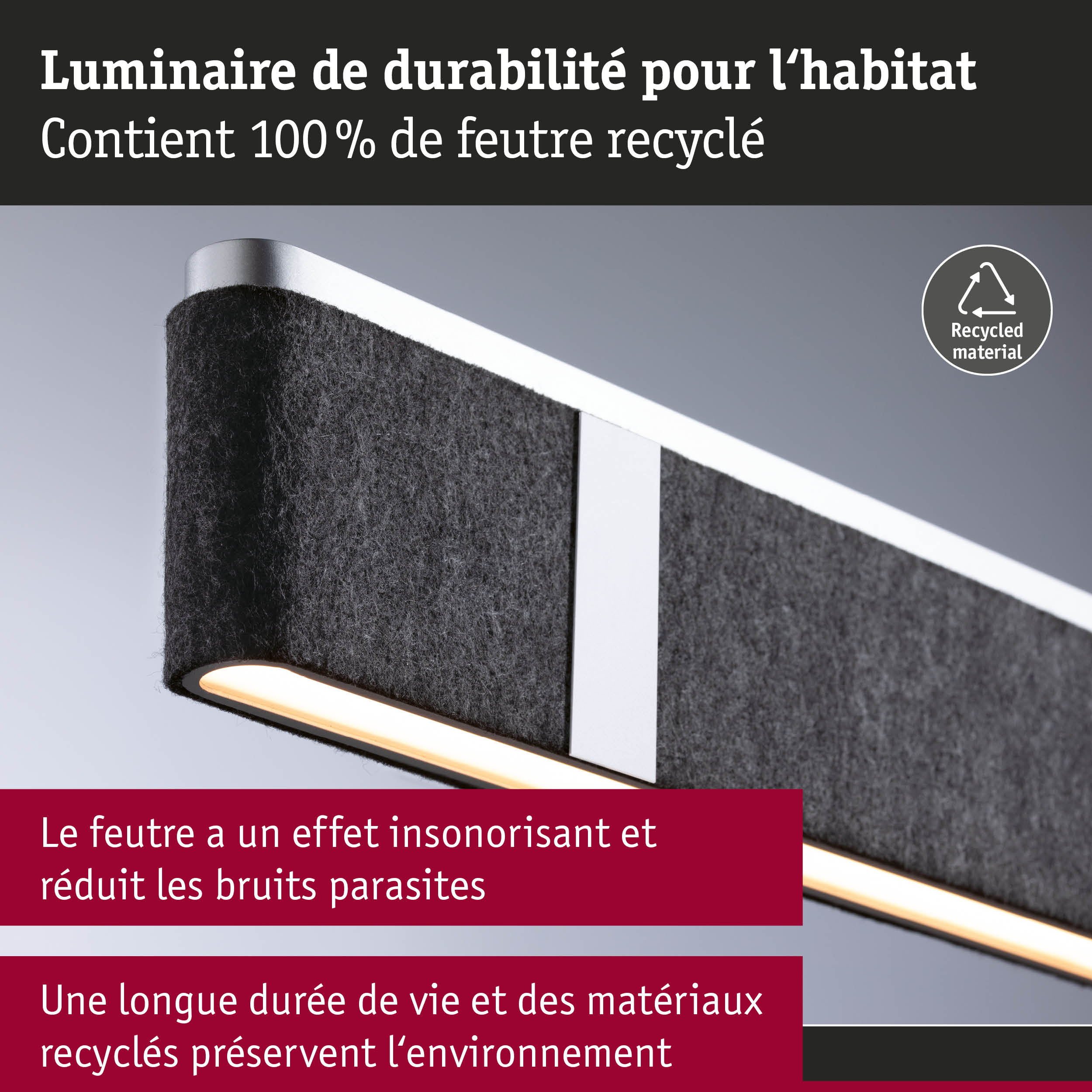 Luminaire durable pour l'habitat en feutre noir 100% recyclé avec éclairage LED économique